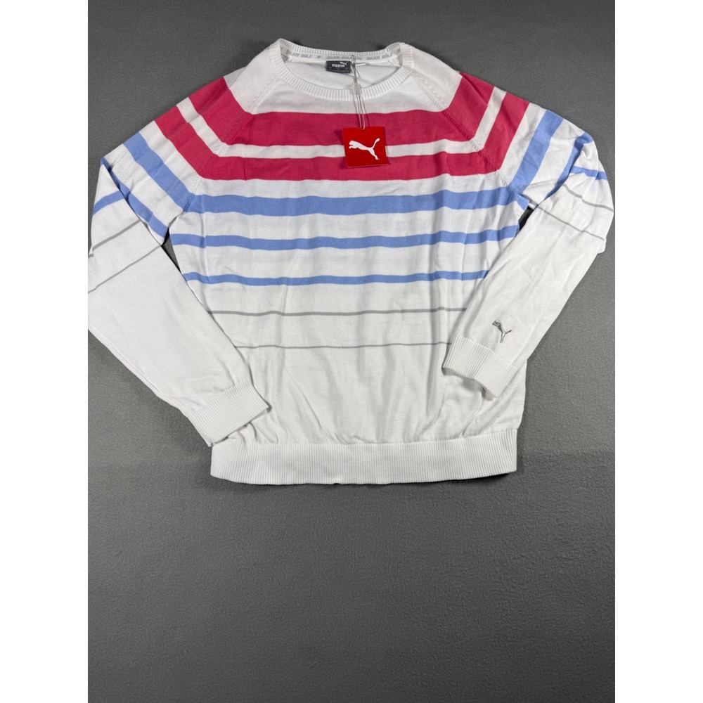 Puma Women Golf Striped Sweater L Rapture Rose Serenity White Knit 533009 03 NEW